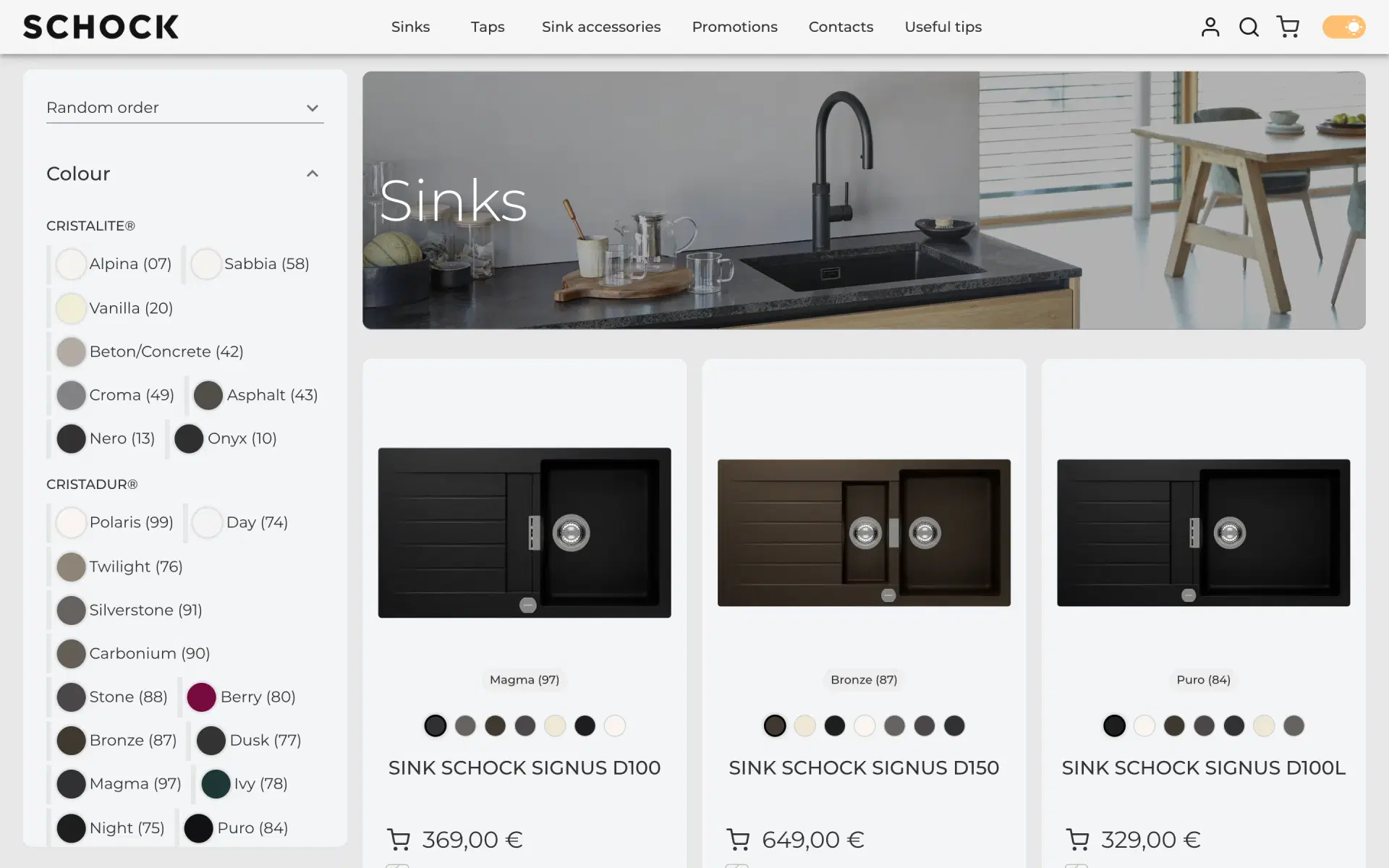 Schock sink catalogue with colour filters