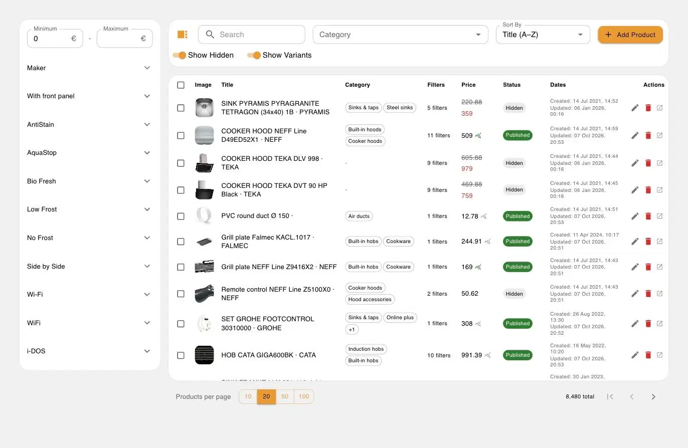 Product catalogue manager in the Enter21 admin panel