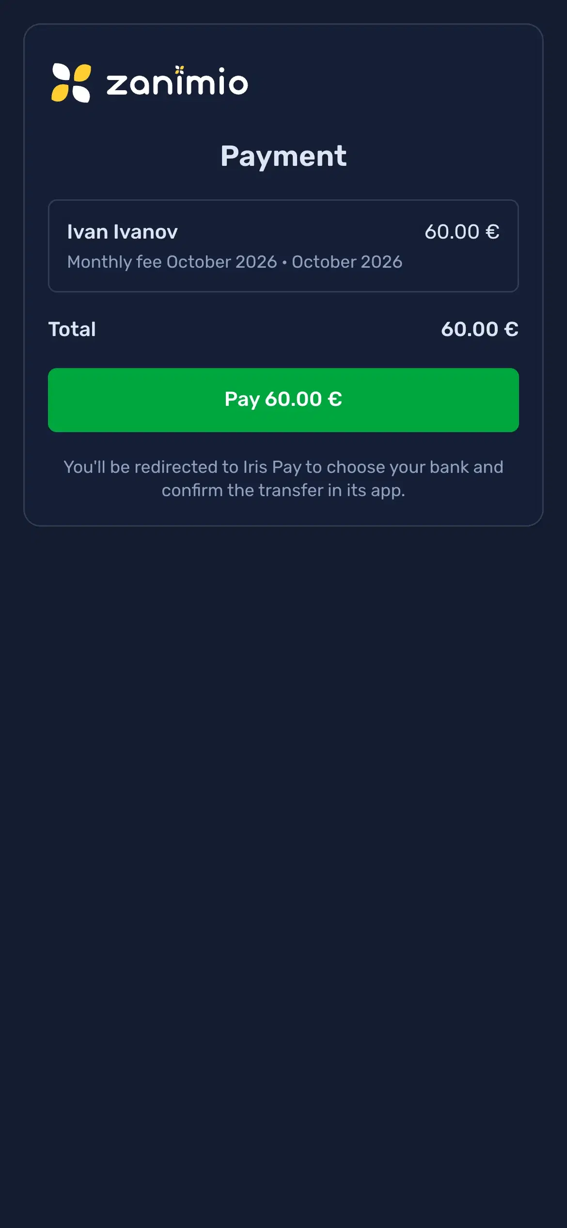 Payment page for a monthly fee with a single pay button