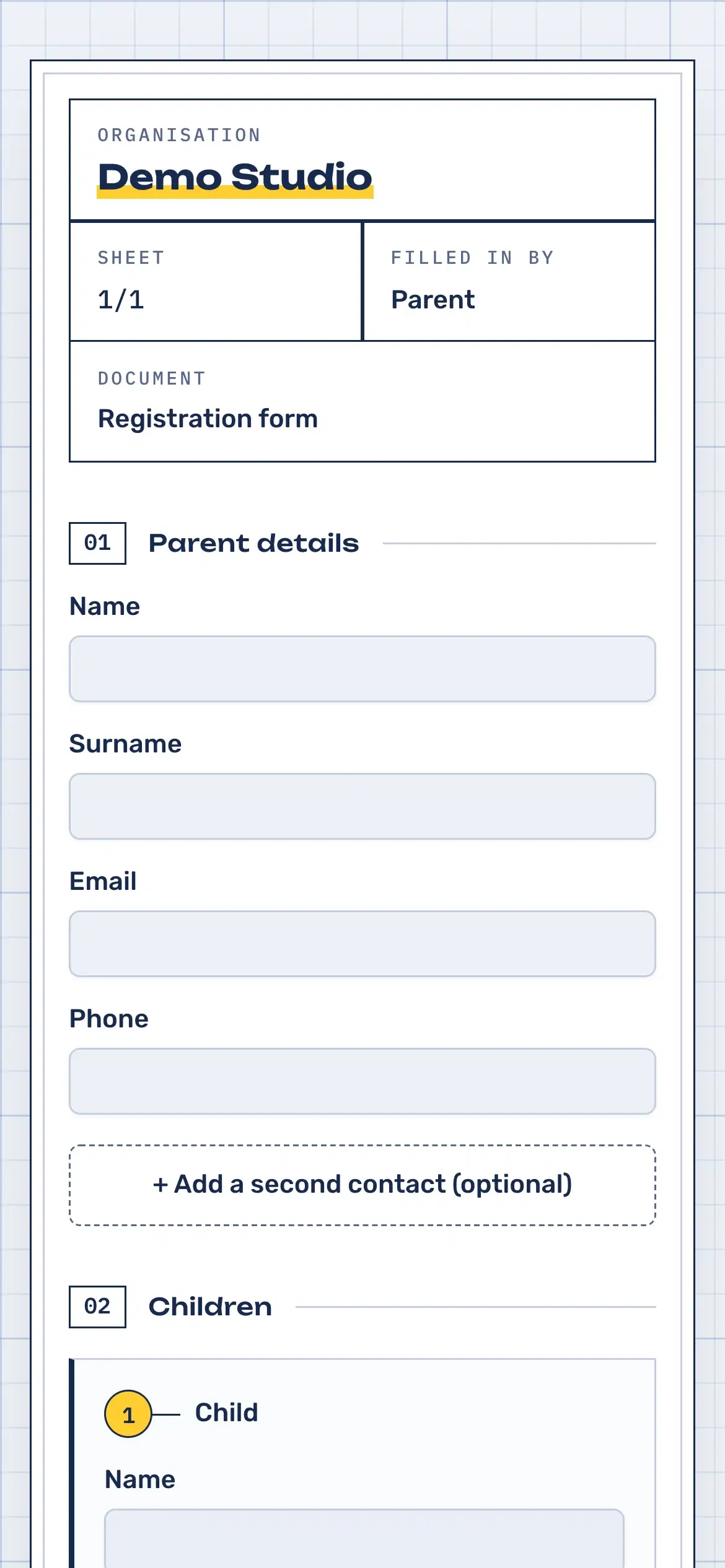 Registration form a parent fills in on the workshop provider’s site