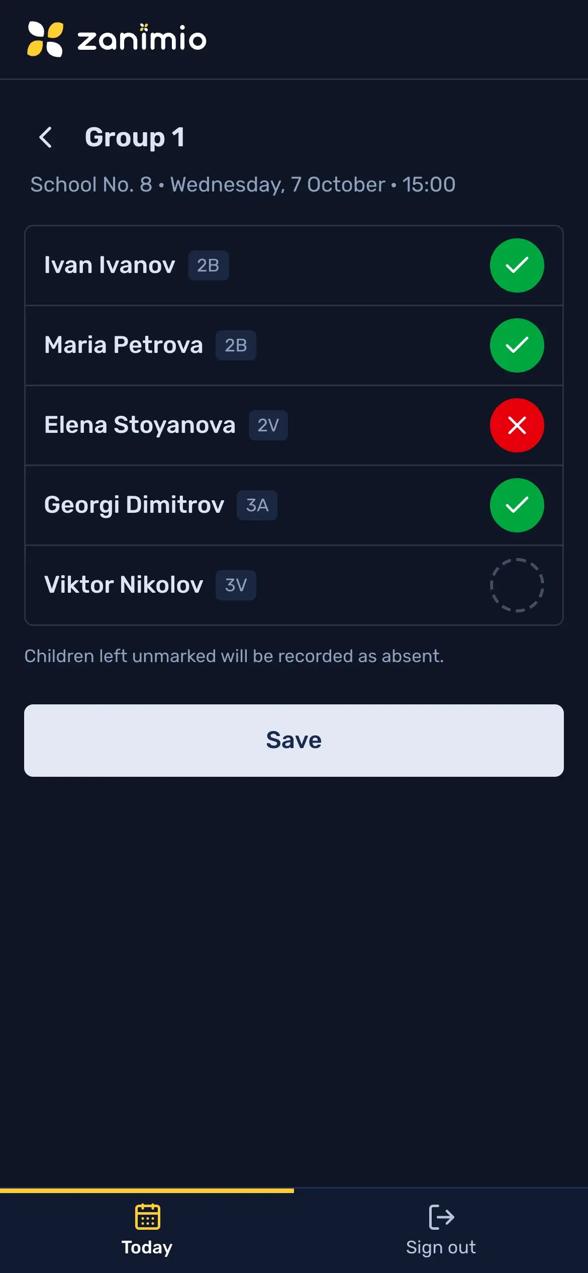 Mentor’s phone with a group register, three children marked present and one absent