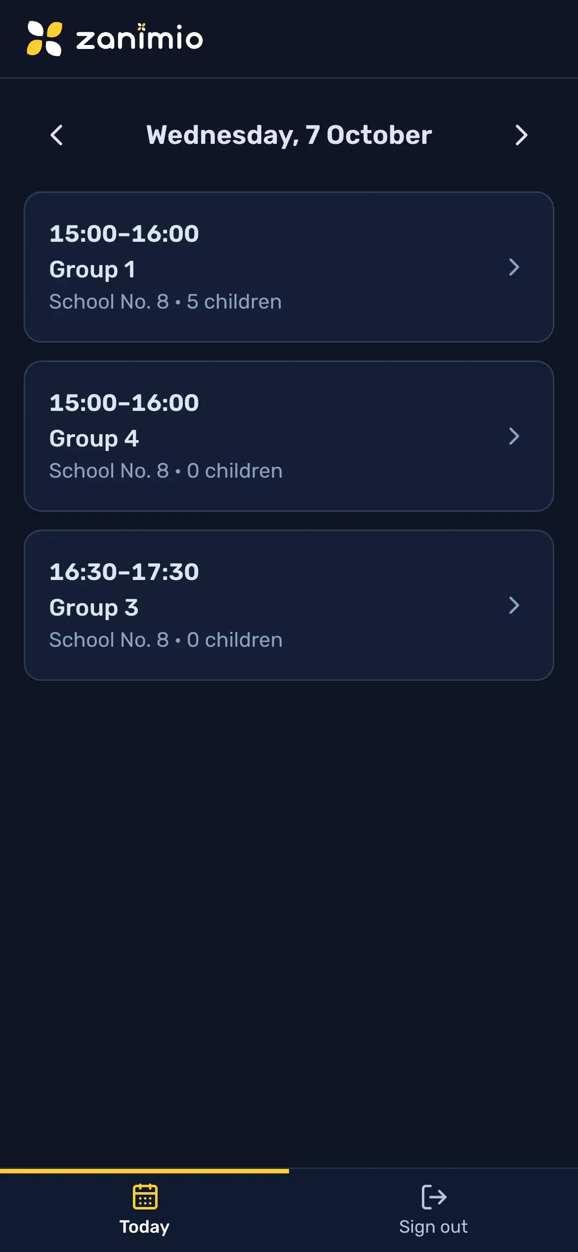 Mentor’s phone showing the day’s three sessions